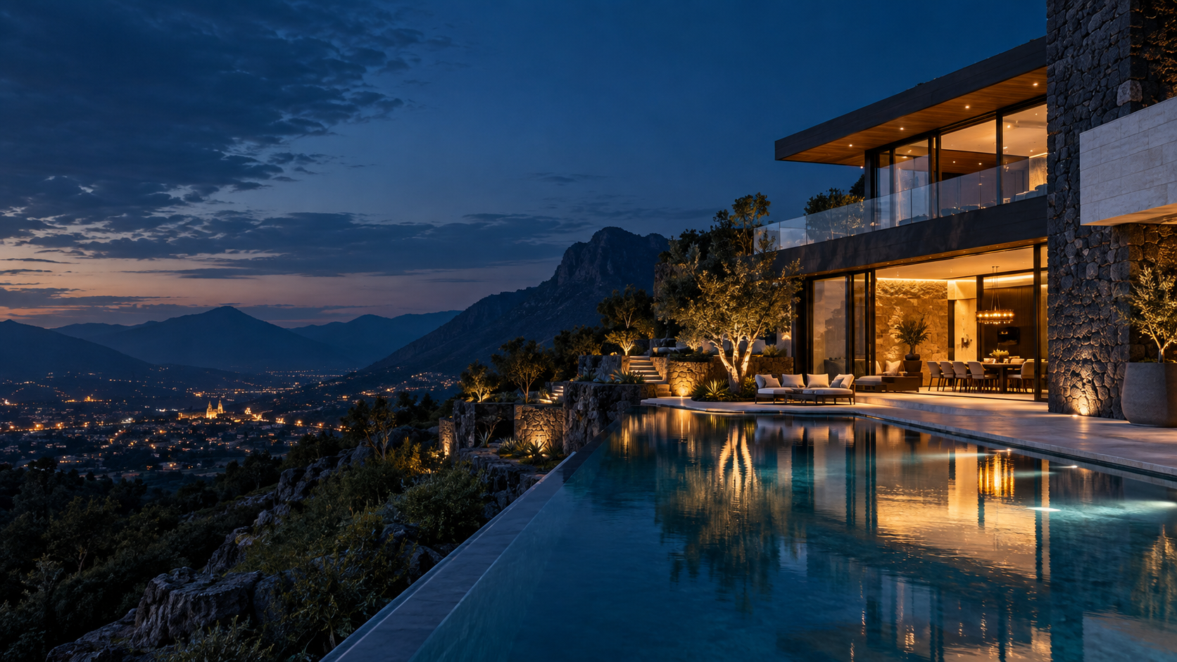 Residencia de piedra iluminada frente a las montañas al anochecer